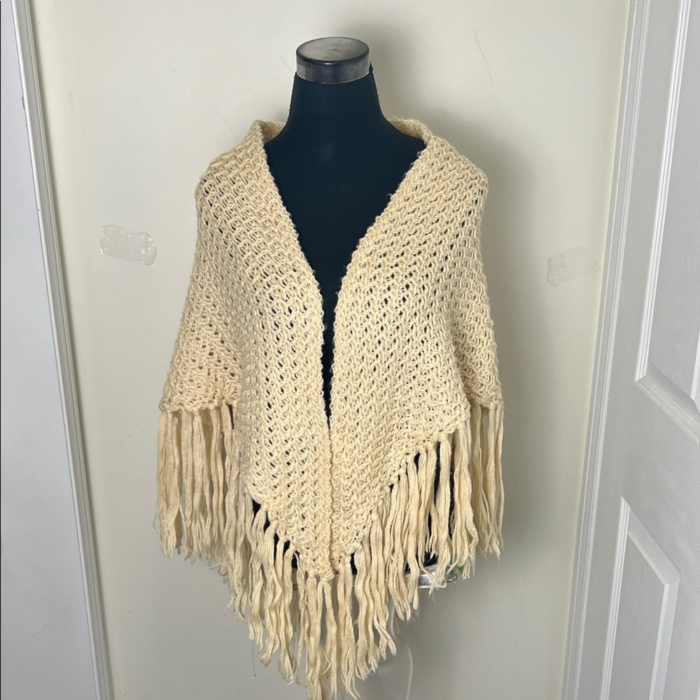 Vintage Cream Versatile Crochet Knit Shawl with Fringe Detail